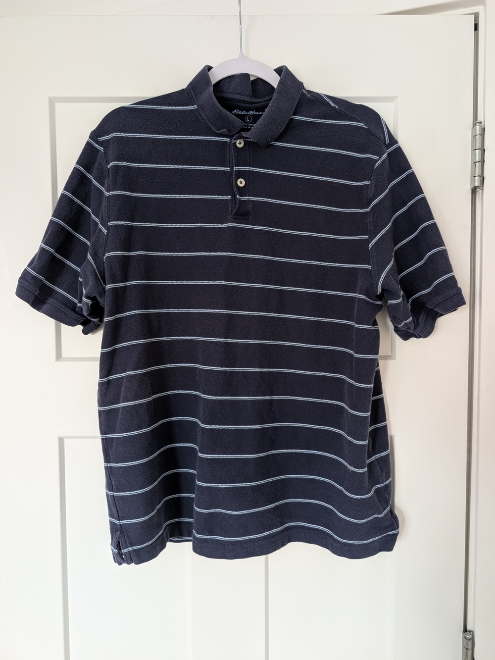 Eddie Bauer Navy Polo with Light Blue Stripes Size Large